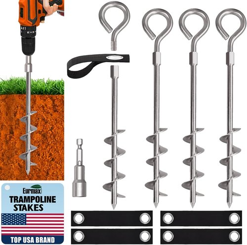 Eurmax USA Heavy-Duty Trampoline Stakes - 4-Pack Outdoor Anchor Kit with Straps | Silver