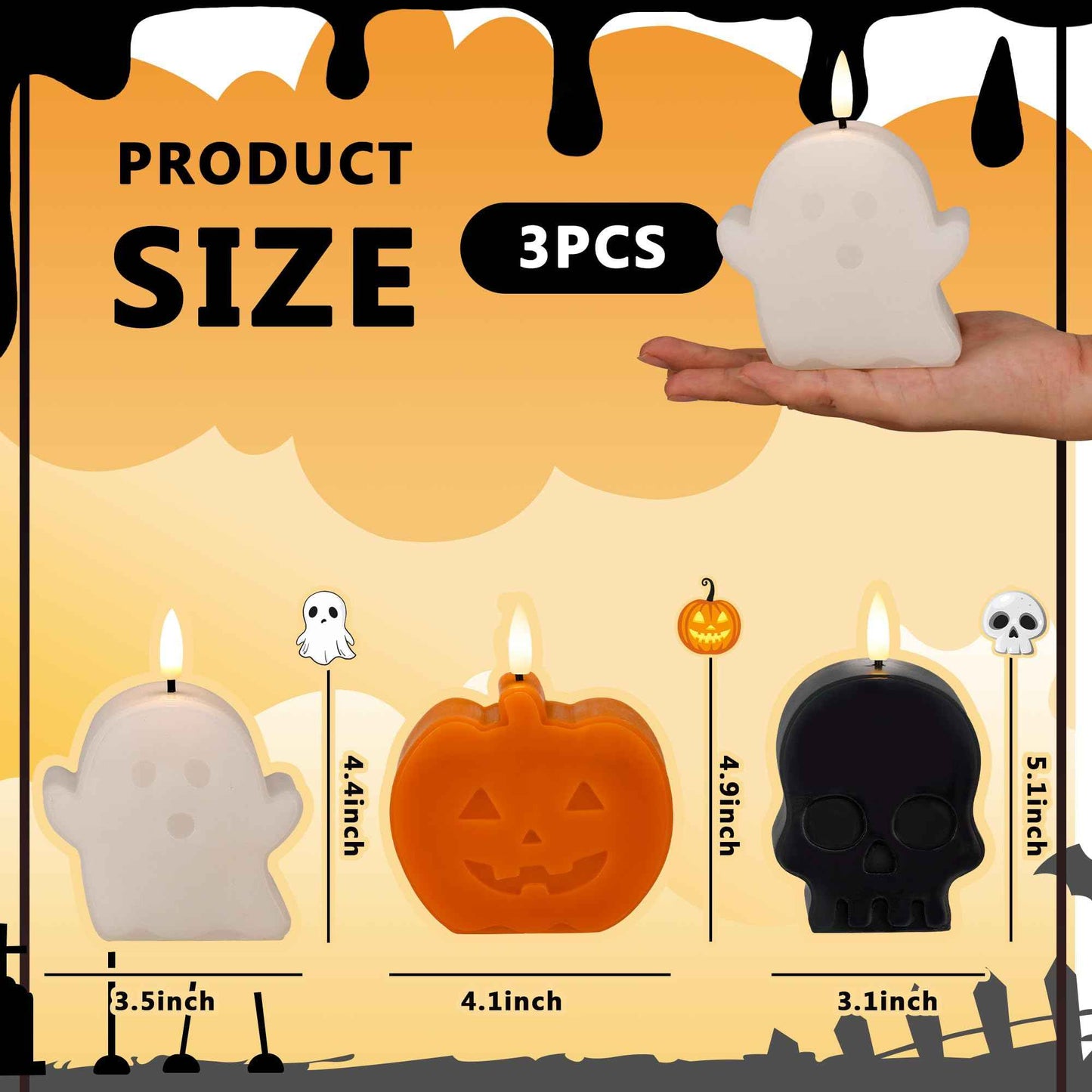 Halloween Flameless Candles with Remote, Real Wax Ghost, Pumpkin, Skull Battery Operated Candles, Flickering LED Fake Candle, Halloween Decorations for Table, fireplace, Home, Party, Festival Decor