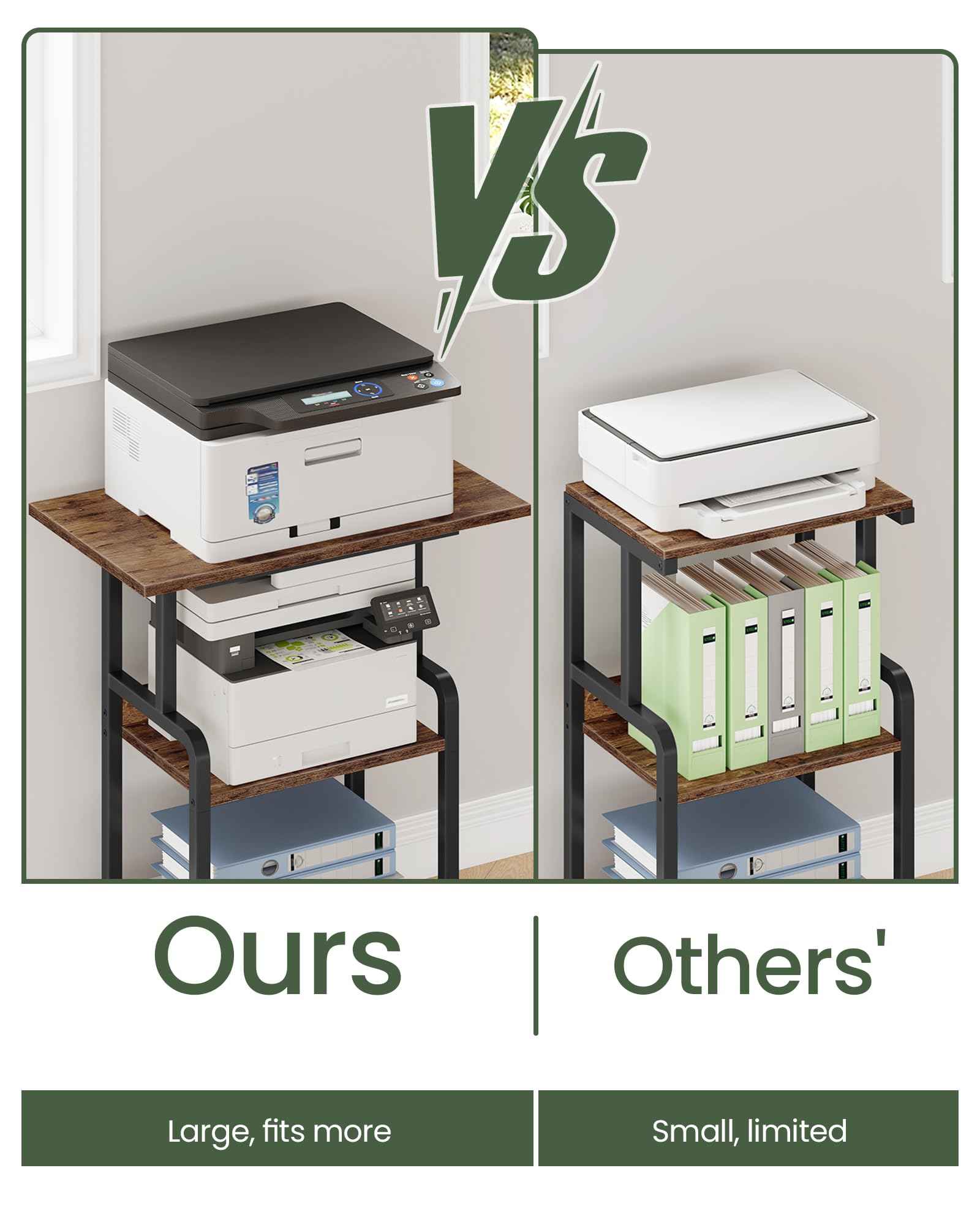 CHOEZON 23.6-in Printer Stand with Storage, 3-Tier Printer Table for Home Office, Printer Cart Under Desk Storage, Suitable for Study, Kitchen, Living Room, Rustic Brown and Black TPS02BF