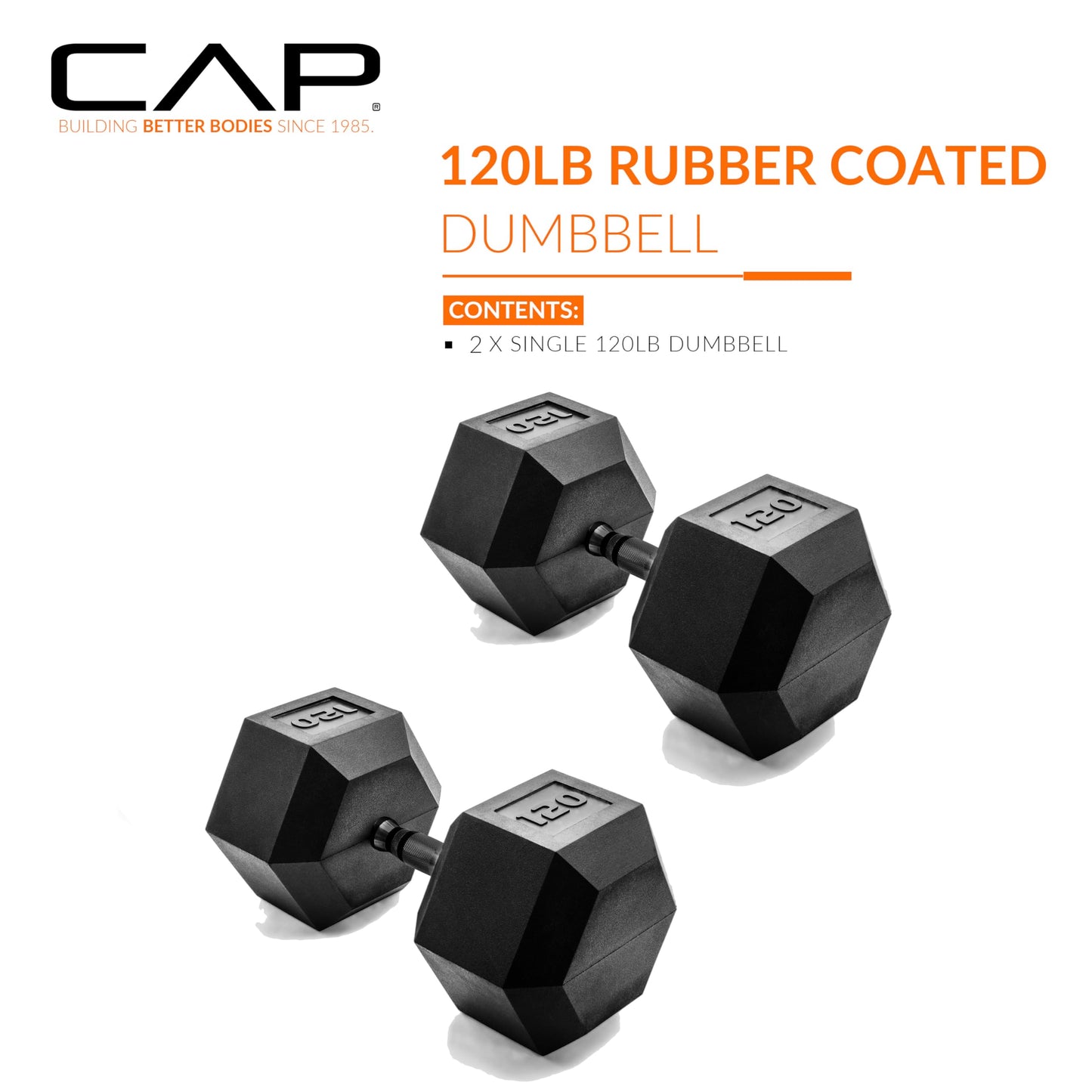 CAP 120lb Rubber Coated Hex Dumbbell, Black Grip, Free Weights, Pair