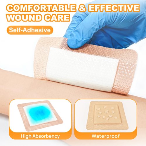 Carbou Silicone Super Absorbent Wound Dressing 5"x 5", 10 Individual Pack, Self-Adhesive Waterproof Bandage, Soft Highly Absorbent Dressing for Wound Care, Burns, Bedsores, Traumas & Surgical Wounds