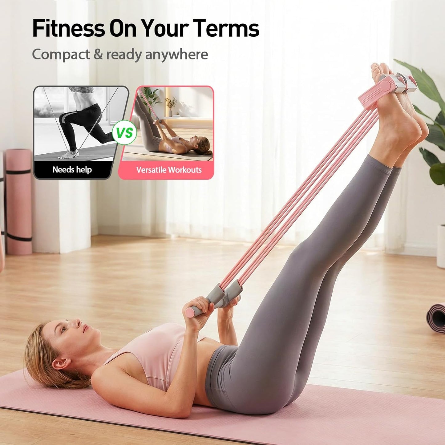 Pedal Resistance Bands - 2026 Upgrade Multifunction Tension Rope for Full Body Workout | Pink