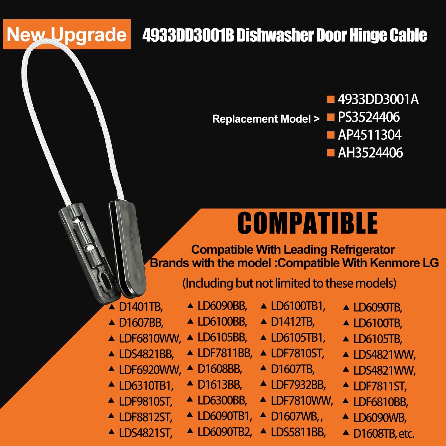 Upgrade 4933DD3001B Dishwasher Door Hinge Cable Assembly Completely Suitable for LG Dishwasher LDF7774ST LDF6920ST LDF6920BB LDF7551ST Replace 4933DD3001A PS3524406 AP4511304, 2 Pack
