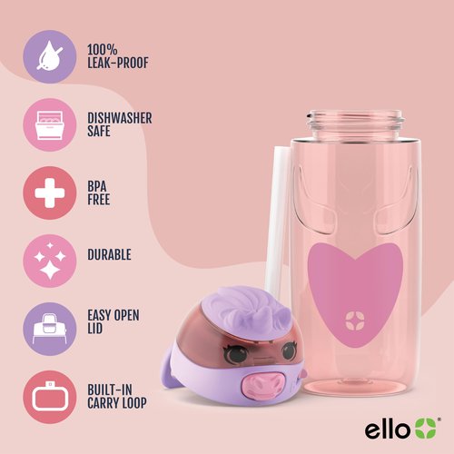 Ello Ellies 16oz Plastic Kids Water Bottle with Straw and Built-in Carrying Handle and Leak-Proof Locking Lid for School backpack, Lunchbox and Outdoor Sports, Unicorn