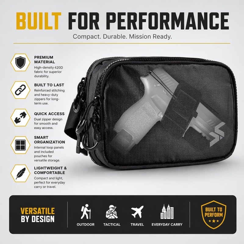 VOTAGOO Concealed Carry Waist Bag – 420D Nylon Water-Resistant Fanny Pack for Men with Hidden Pocket & Adjustable Belt – 10”W x 6”H x 3”D (Black)
