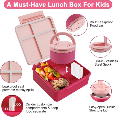 MAXSO Bento Lunch Box Set - Leakproof Hot Food Container with 8 oz Soup Thermo & 4 Compartments - Pink