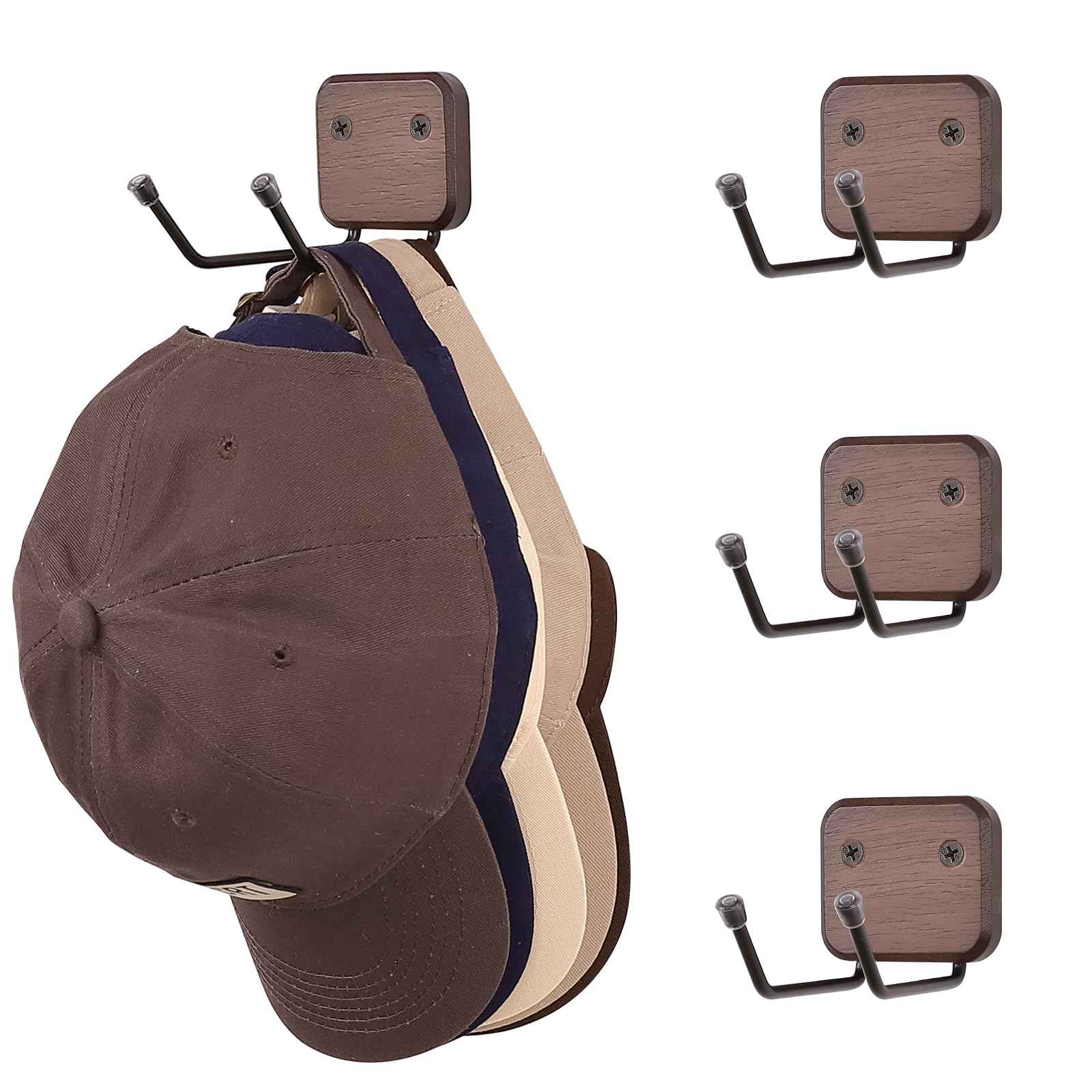 Qiannhee Solid Wood Wall Mount Hat Rack, 4-Tier Rotating Cowboy Hat Organizer with 2 Extended Hooks, Adjustable Width Metal Hanger for Baseball Caps, Coat, Jacket, Key, Decor Entryway, Bedroom(Brown)