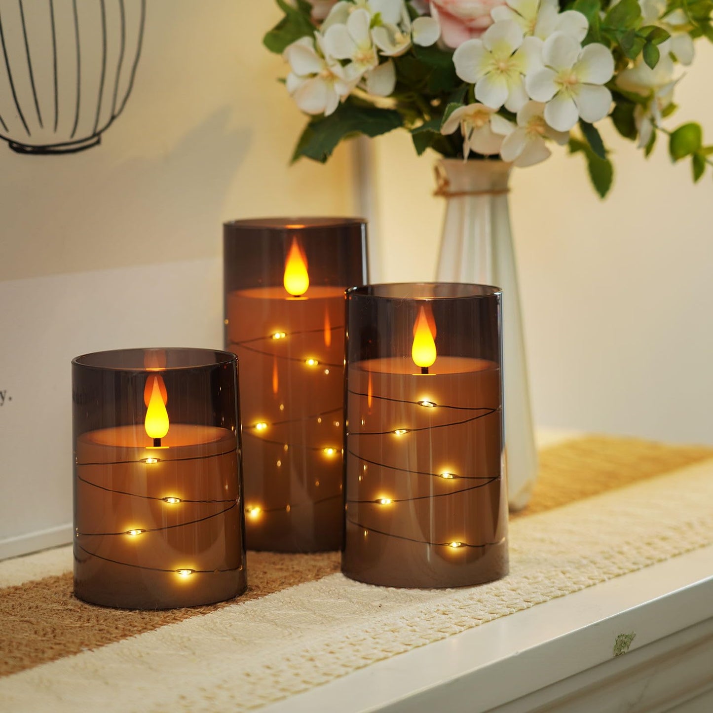 Amagic Grey Flameless Candles with Remote, Flickering Battery Operated Candles with Embedded Fairy Lights, Acrylic LED Candles with Timer for Halloween Home Bohemian Decor, 3D Wick, D3 x H4 5" 6"