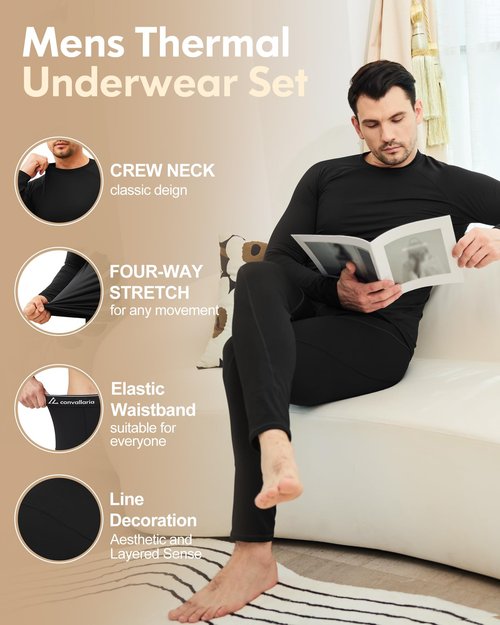 CL convallaria Thermal Underwear for Men Long Johns Winter Hunting Gear Sport Skiing Base Layer Top and Bottom Set Midweight Black Large