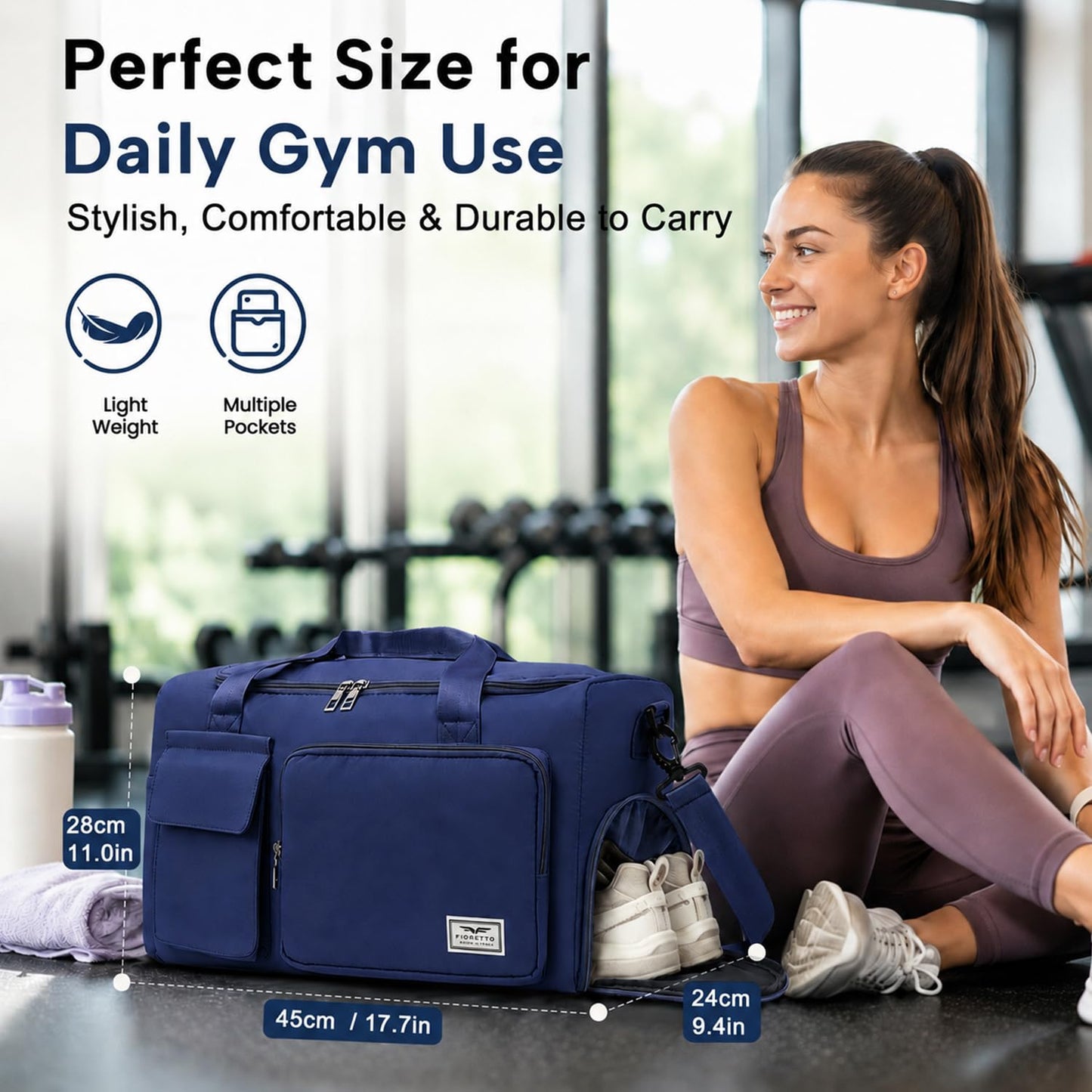 FIORETTO Women's Gym Duffle Bag with Shoes Compartment, 30L Capacity, Ideal for Travel, Gym, Sports, Duffel, Weekender, Navy Blue