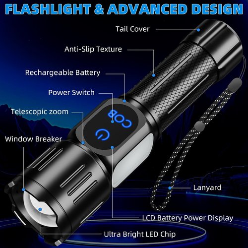 Dszuu Rechargeable LED Flashlight, Super Bright 99000 High Lumens Flash Light, 9 Modes Zoomable Flashlight with LCD Display, Waterproof Tactical Flashlights for Camping, Home Emergency