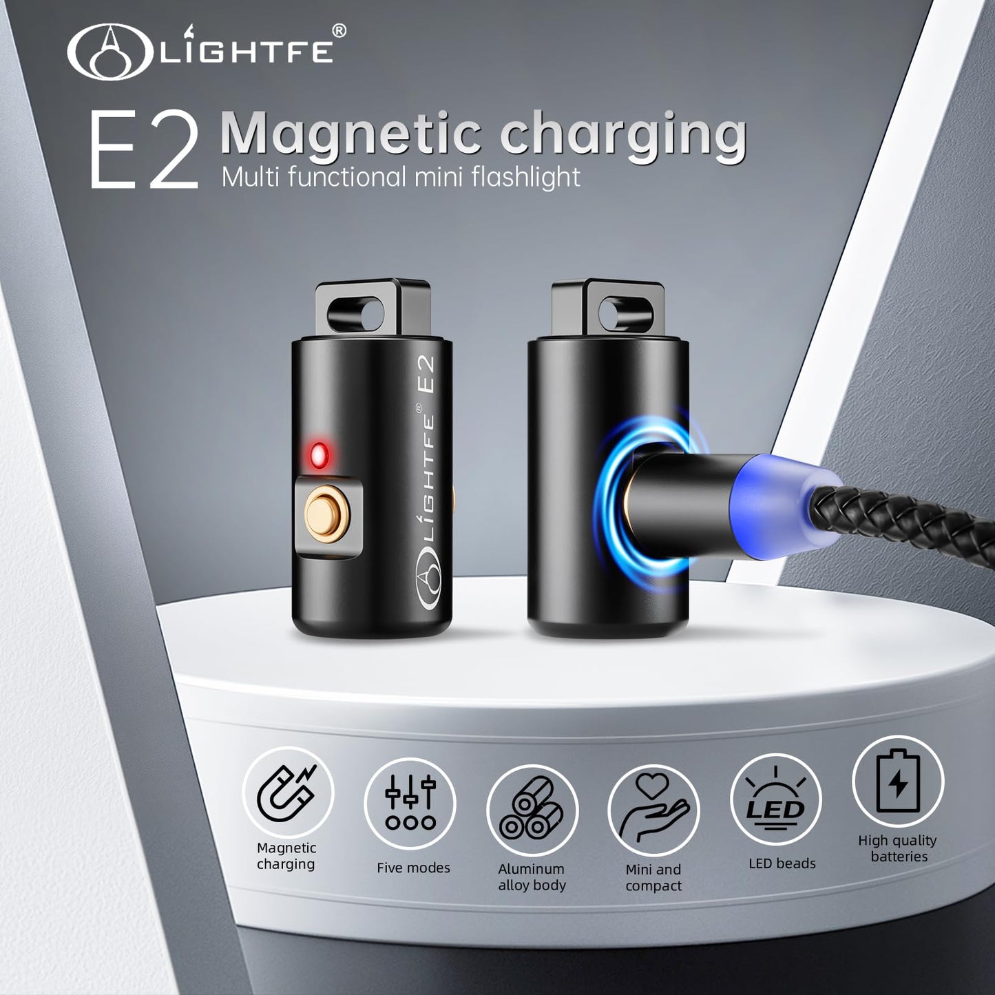LIGHTFE E2 Mini Keychain Flashlight - Rechargeable USB Magnetic Charging, Compact & Bright LED Pocket Light for Emergencies, Camping, EDC, Everyday Carry