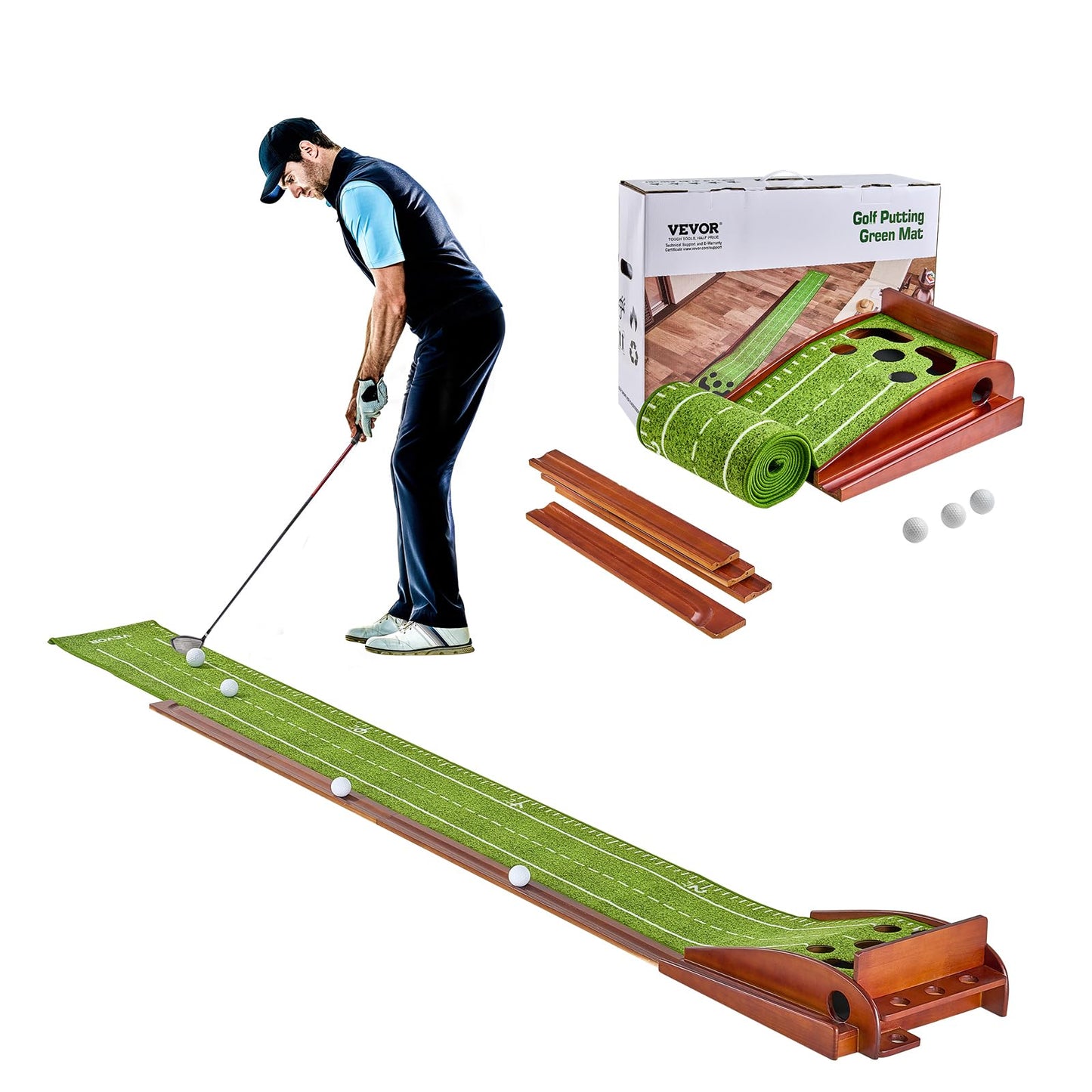 VEVOR Golf Putting Mat, 2 Hole Indoor Putting Green, Wrinkle-Free Golf Training Aid, Mini Golf Set with Auto-Ball Return, Alignment Guide, 3 Ball, Wood Base, Game Practice Gift for Home Office
