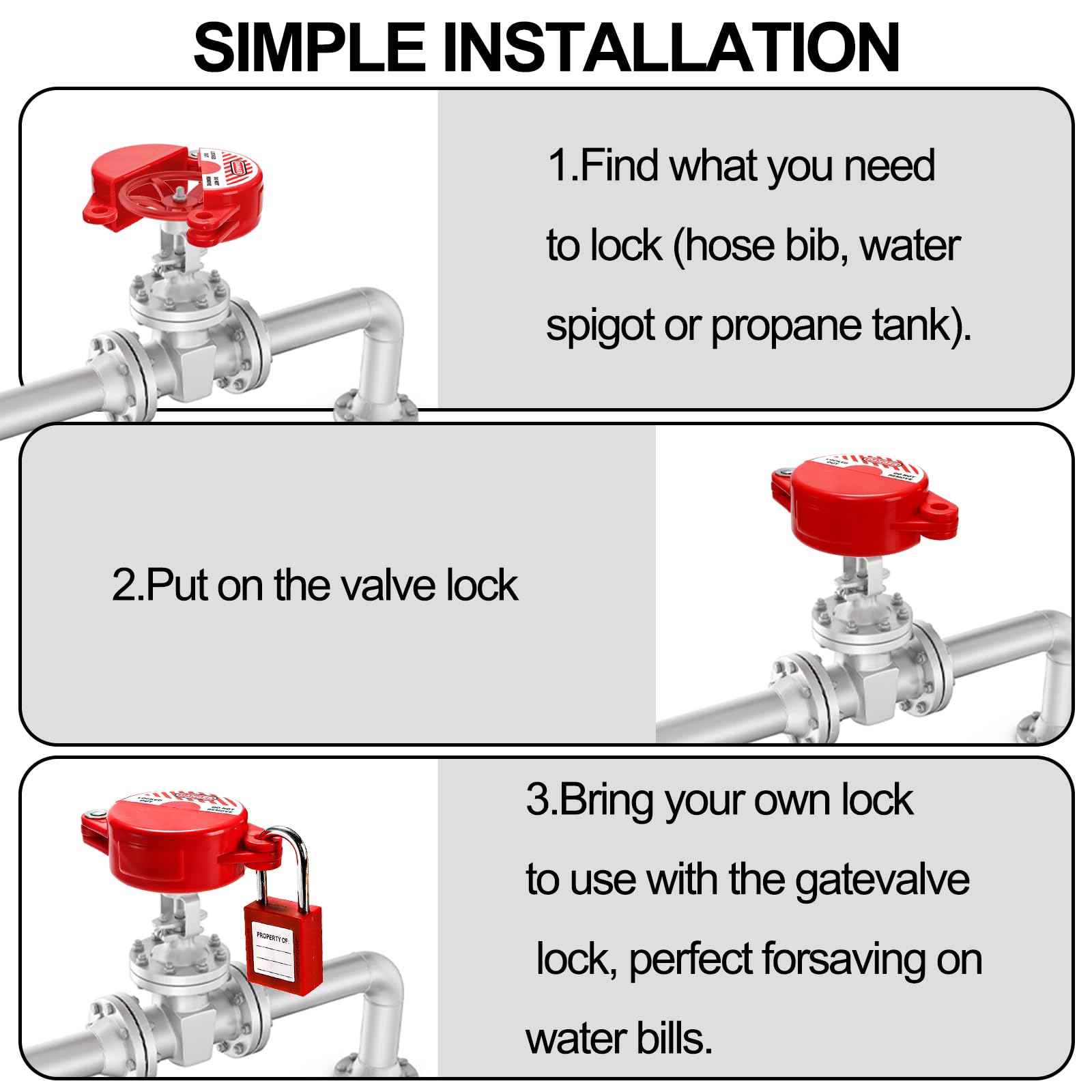 Foraineam Water Spigot Lock Device and Safety Padlock, 4 Sets, Rotating Secure Gate Valve Lockout Device for 1 to 2-1/2 Inch Dia Valve Handles, Outdoor Faucet, Hose Bib Locks, Propane Tank Lock