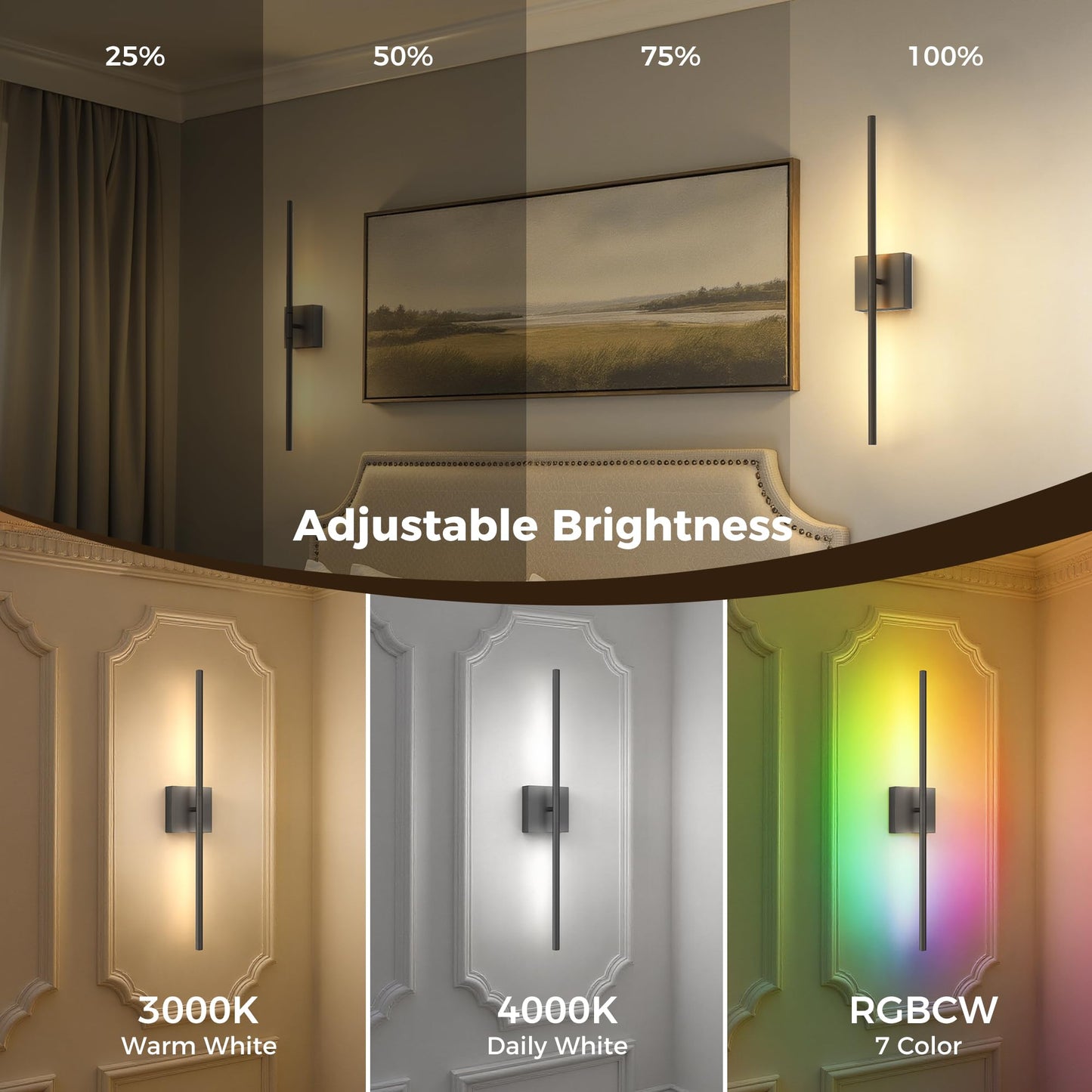 L LOHAS LED Battery Operated Wall Sconces Set of 2, Battery Wall Sconce 10000mAh, Black Rechargeable Sconces 3CCT + RGB, 28.7 Inch Wireless Wall Lights, Sconce Wall Decor for Bedroom, Living Room