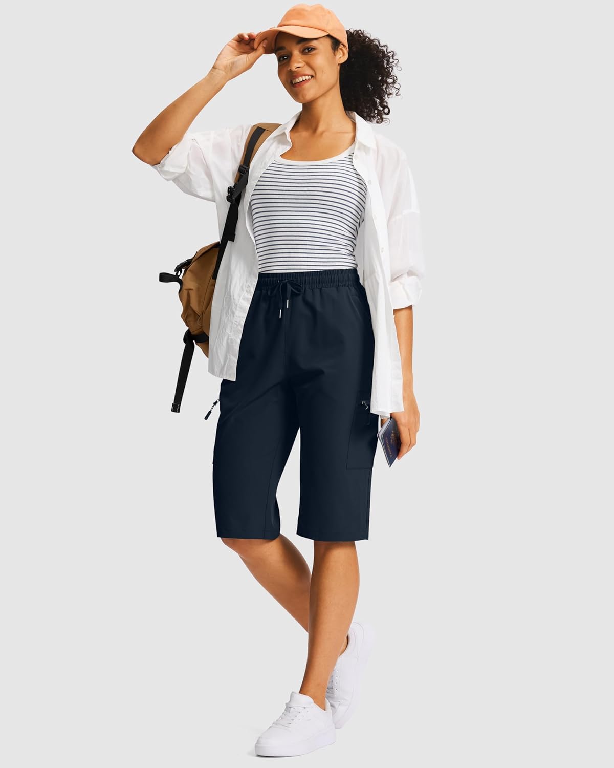 SANTINY Women's Hiking Cargo Bermuda Shorts - Lightweight Quick-Dry with 5 Zipper Pockets - 15" Length