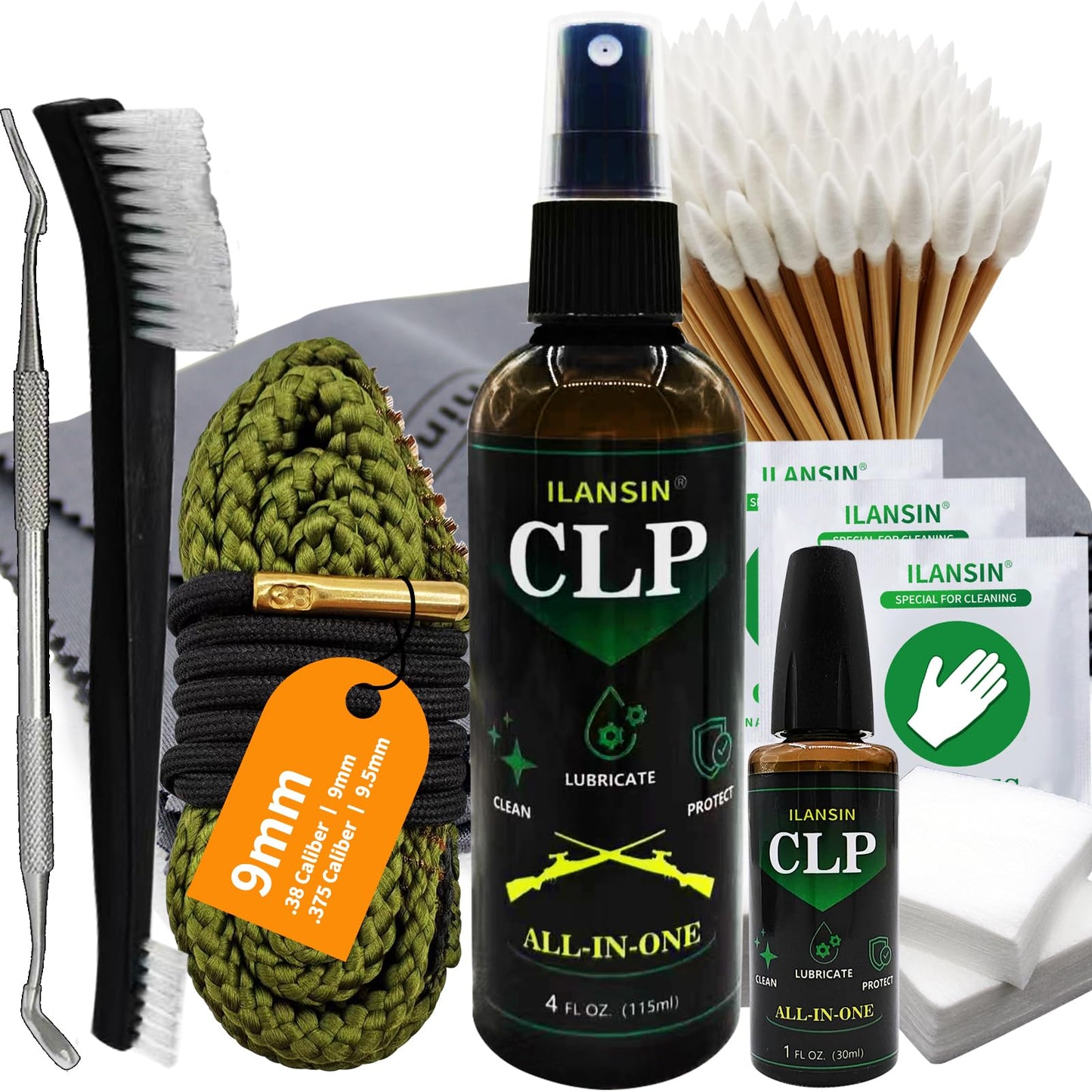 ILANSIN 9mm Bore Cleaner & 5oz CLP Oil Gun Cleaning Kit with Gun Snake .38 .375 9.5mm, Needle+Spray,Gun Cleaning Supplies with Gun Cleaning Patches,6'' Gun Cleaning Swabs, Gun Brushes, Cleaning Picks