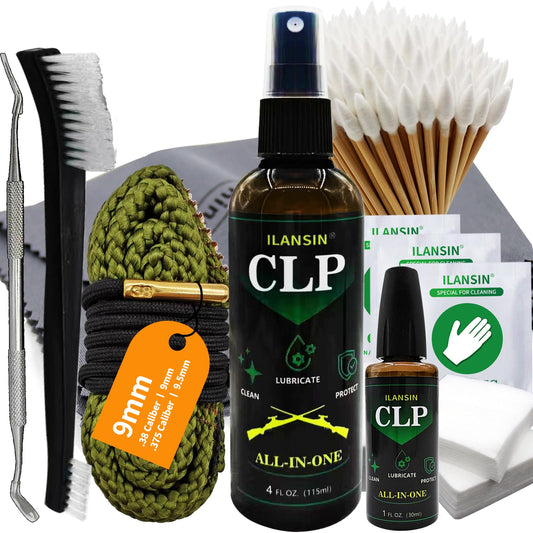 ILANSIN 9mm Bore Cleaner & 5oz CLP Oil Gun Cleaning Kit with Gun Snake .38 .375 9.5mm, Needle+Spray,Gun Cleaning Supplies with Gun Cleaning Patches,6'' Gun Cleaning Swabs, Gun Brushes, Cleaning Picks