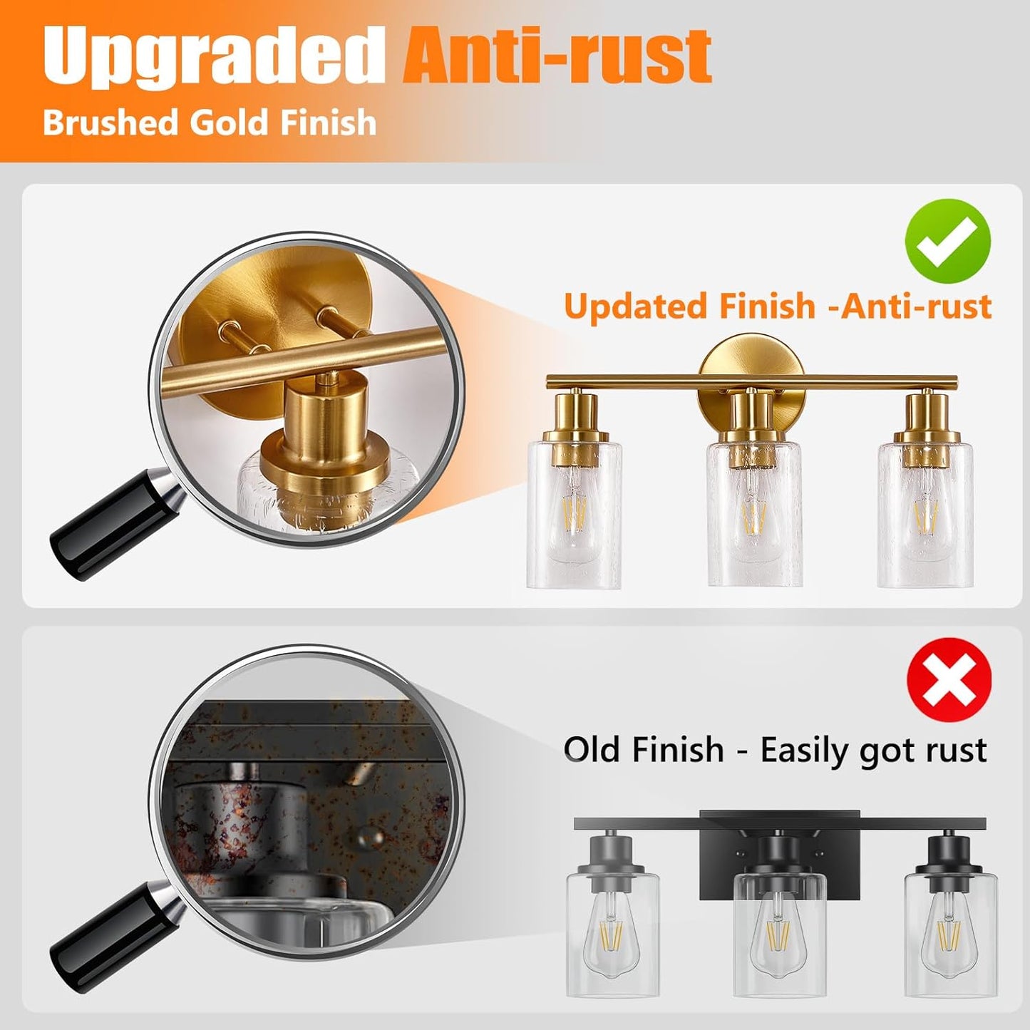 Modern Black 3-Light Bathroom Vanity Light Fixture with Clear Glass Shades - 2 Pack