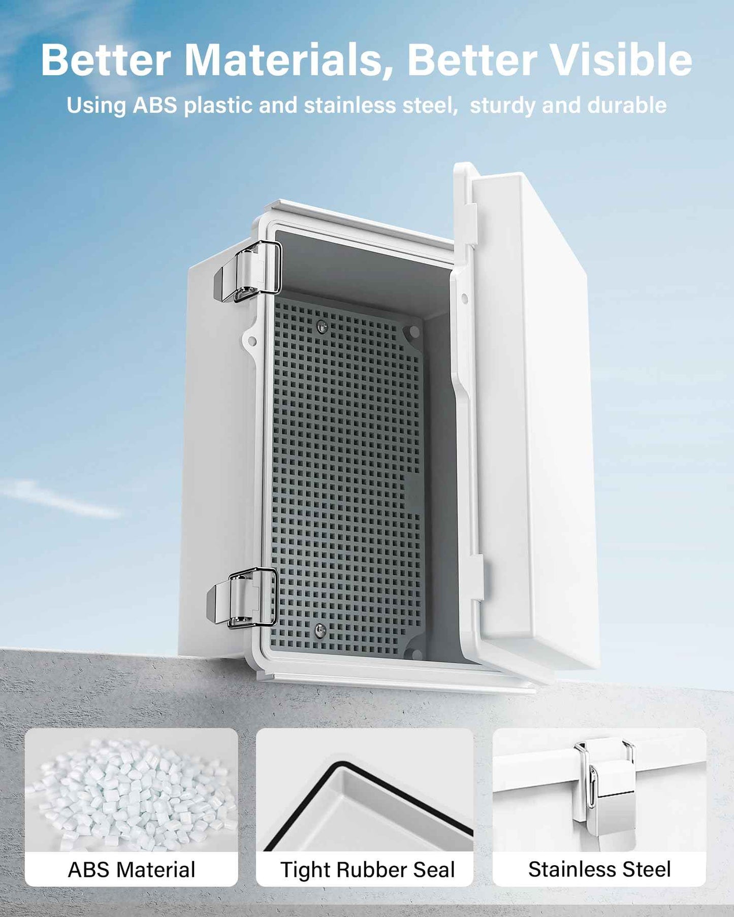 Waterproof Junction Box ABS Plastic, Outdoor Electrical Box IP67 Hinged Cover Project Box with Mounting Plate Wall Brackets and 2 Cable Glands, Grey Electrical Enclosure 8.7"x6.7"x4.3"