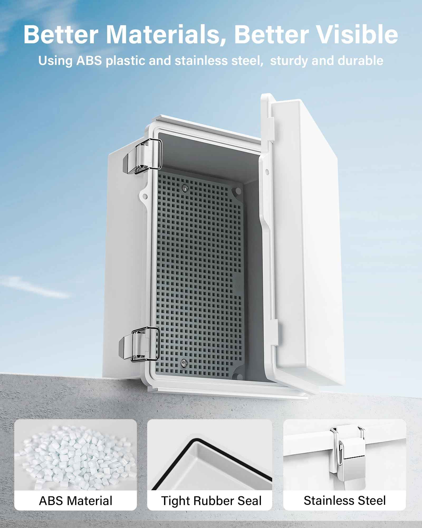 Waterproof Junction Box ABS Plastic, Outdoor Electrical Box IP67 Hinged Cover Project Box with Mounting Plate Wall Brackets and 2 Cable Glands, Grey Electrical Enclosure 8.7"x6.7"x4.3"