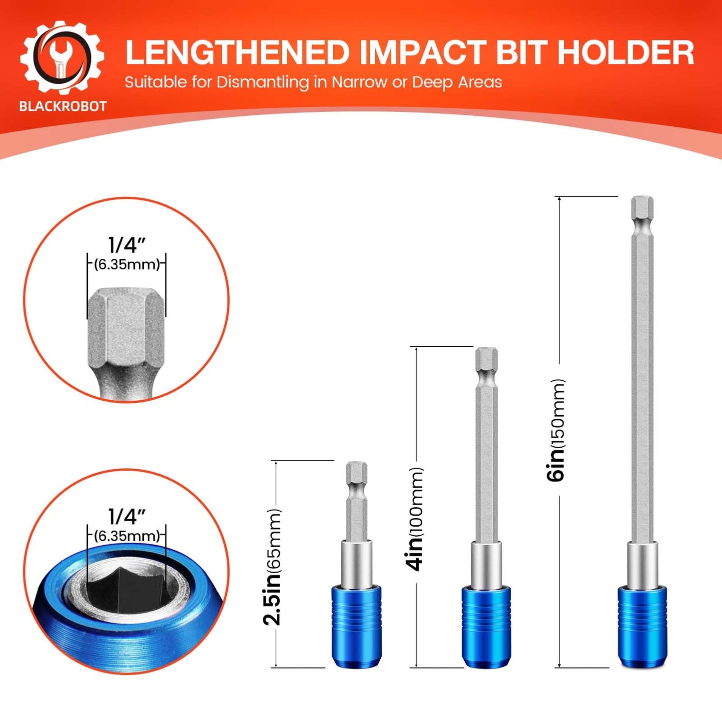 BLACKROBOT 3-Piece Magnetic Quick Change Impact Bit Holder, Drill Bit Extension for 1/4" Hex Drives, 2.5/4/6 Inch Length, Ideal for Screwdriver Bits, Nuts, Drills and Socket Driver Adapters