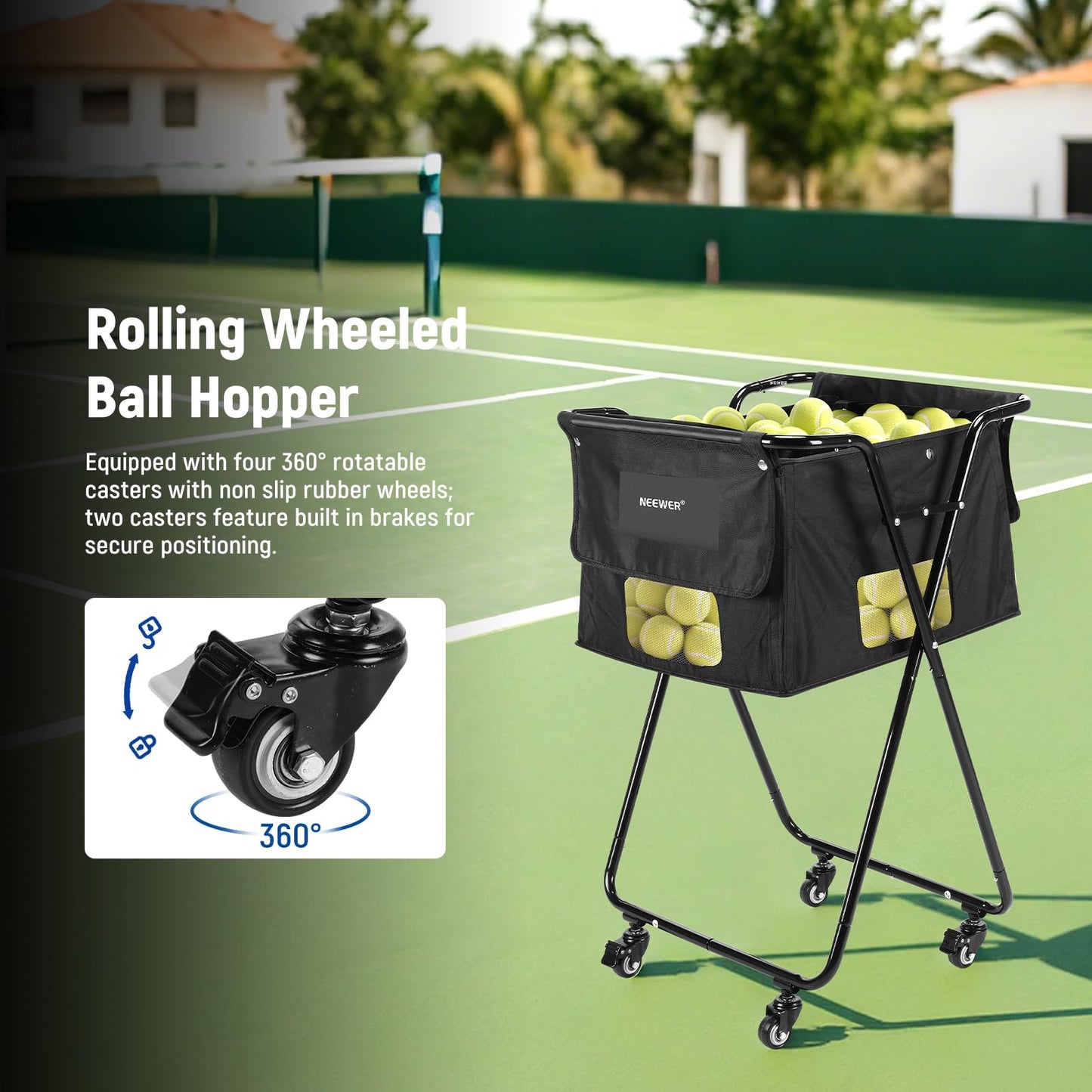 NEEWER Tennis Ball Hopper Pickleball Caddy with Wheels, Rolling Collector Basket Cart Holder for 140 Pickleballs 175 Tennis Balls Pickup Tennis Court Equipment Accessory for Training Teaching, PB01X