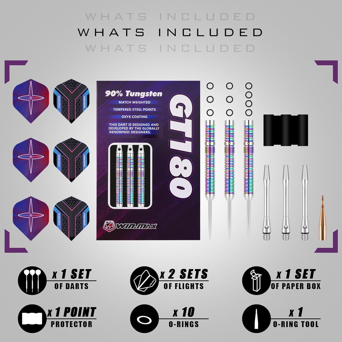 WIN.MAX Darts Metal Tip Set - Professional 90% Tungsten Steel Darts, 20-28 Grams, Includes Extra Flights