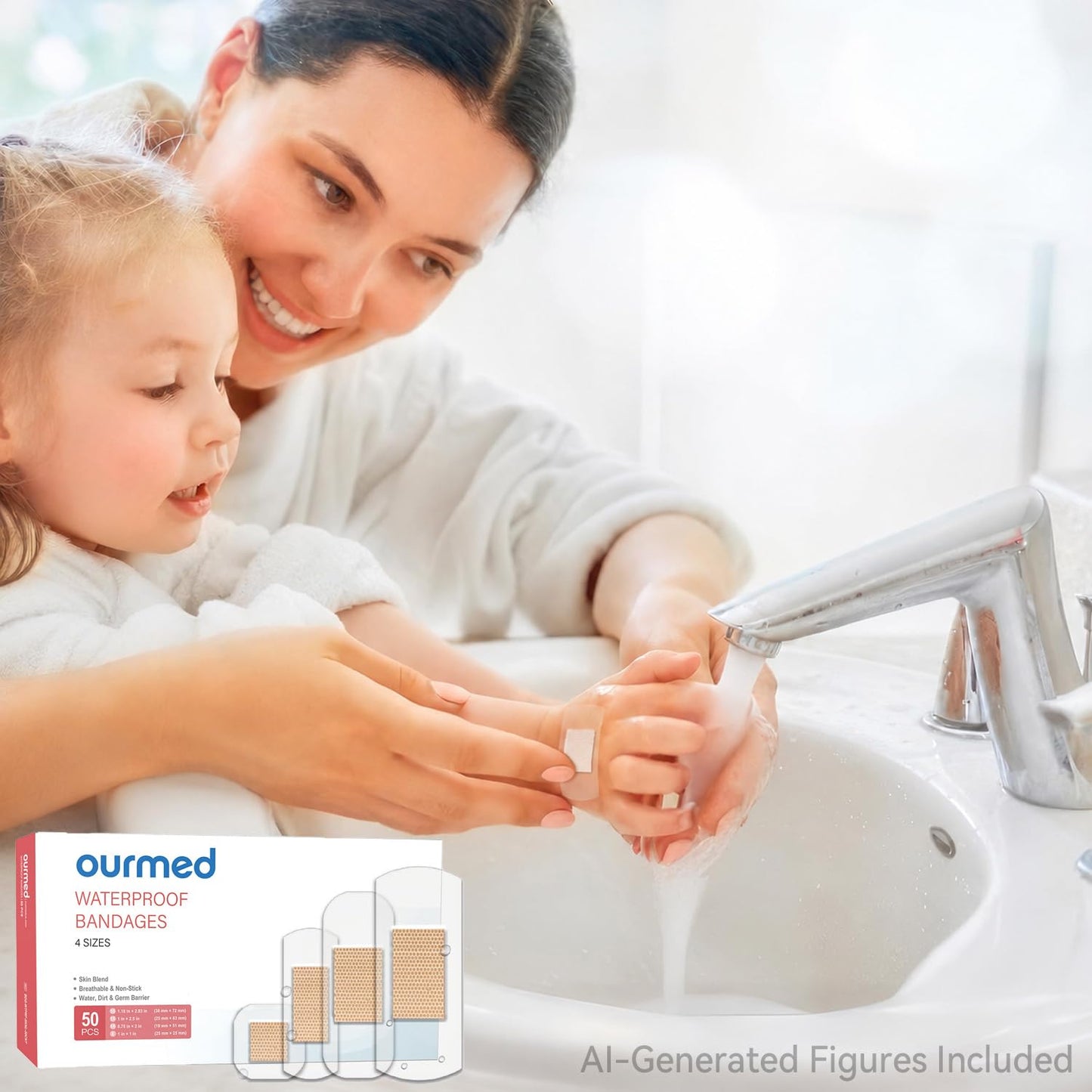 Ourmed Waterproof Bandages, Clear Adhesive Bandages for First-Aid, Wound Care, Fingers, Knees and Heels, Stays on Skin in The Bath, Shower or Pool, Assorted Sizes, 50 Count