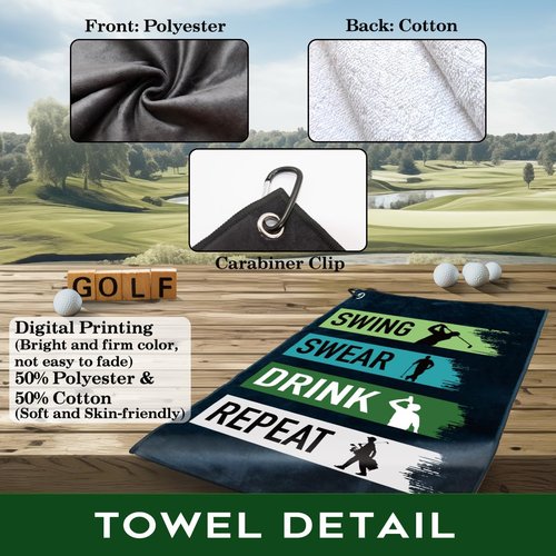 rofiowa Swing Swear Repeat Polyester and Cotton Blend Printed Golf Towel, Funny Golf Accessories for Men Women, Golf Gift for Golf Fan Dad Mom, Golf Lover Birthday Gift (OGT027), Black