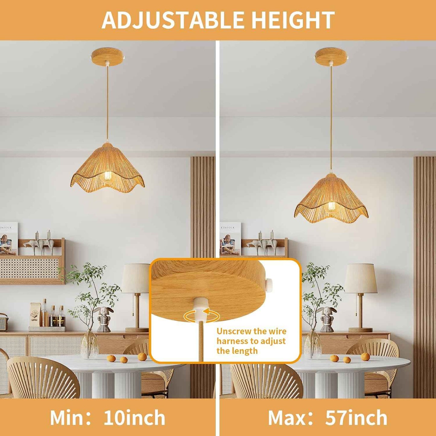 Rattan Chandelier Pendant Lights - 3 Pack Adjustable Height Boho Farmhouse Ceiling Fixtures for Kitchen & Dining Room