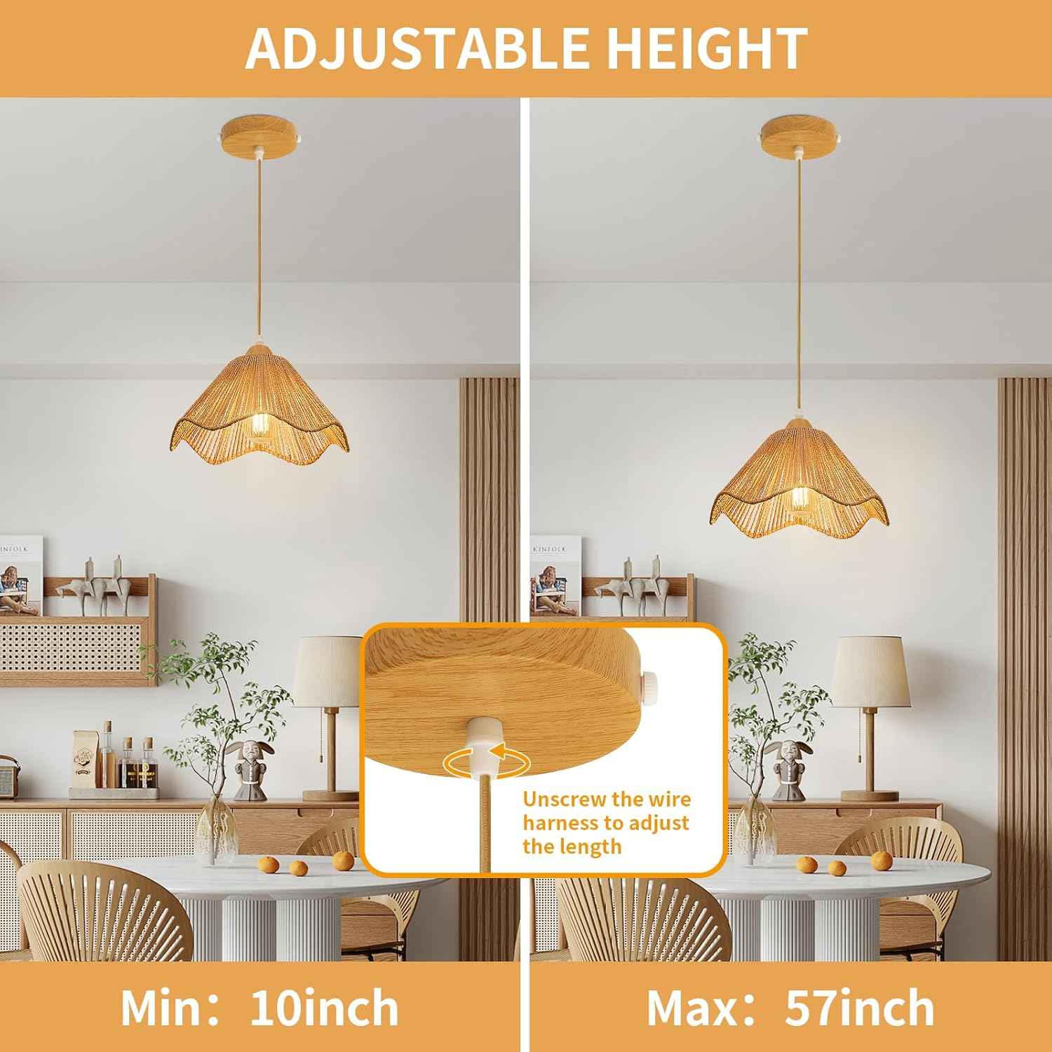 Rattan Chandelier Pendant Lights - 3 Pack Adjustable Height Boho Farmhouse Ceiling Fixtures for Kitchen & Dining Room
