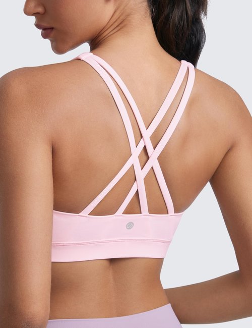 CRZ YOGA Naked Feeling Strappy Padded Sports Bras for Women - Fitness Workout Top Criss Cross Back Yoga Cami Strawberry Pink Medium