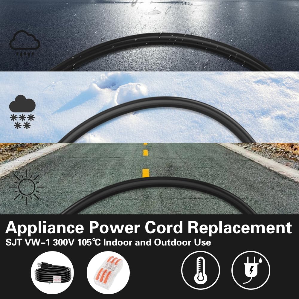 Asjeumt 6 ft 3 Prong Power Cord Replacement, 16 AWG Appliance Power Cord, 110V 120 Volt AC 16/3 Wire SJT 16 Gauge Plug Pigtail Cable, Repairing Replace Tool Dryer Dishwasher Electrical Cord - Black