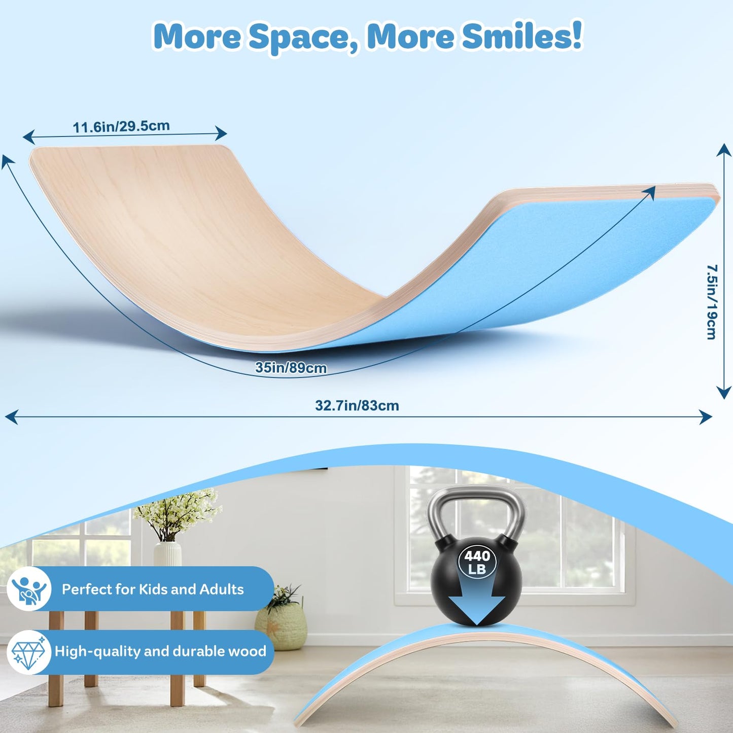 Balance Board, 35 Inch Natural Wooden Wobble Balancing Board, Rocker Board with Non Slip Felt Curvy Board Wood with Stickers