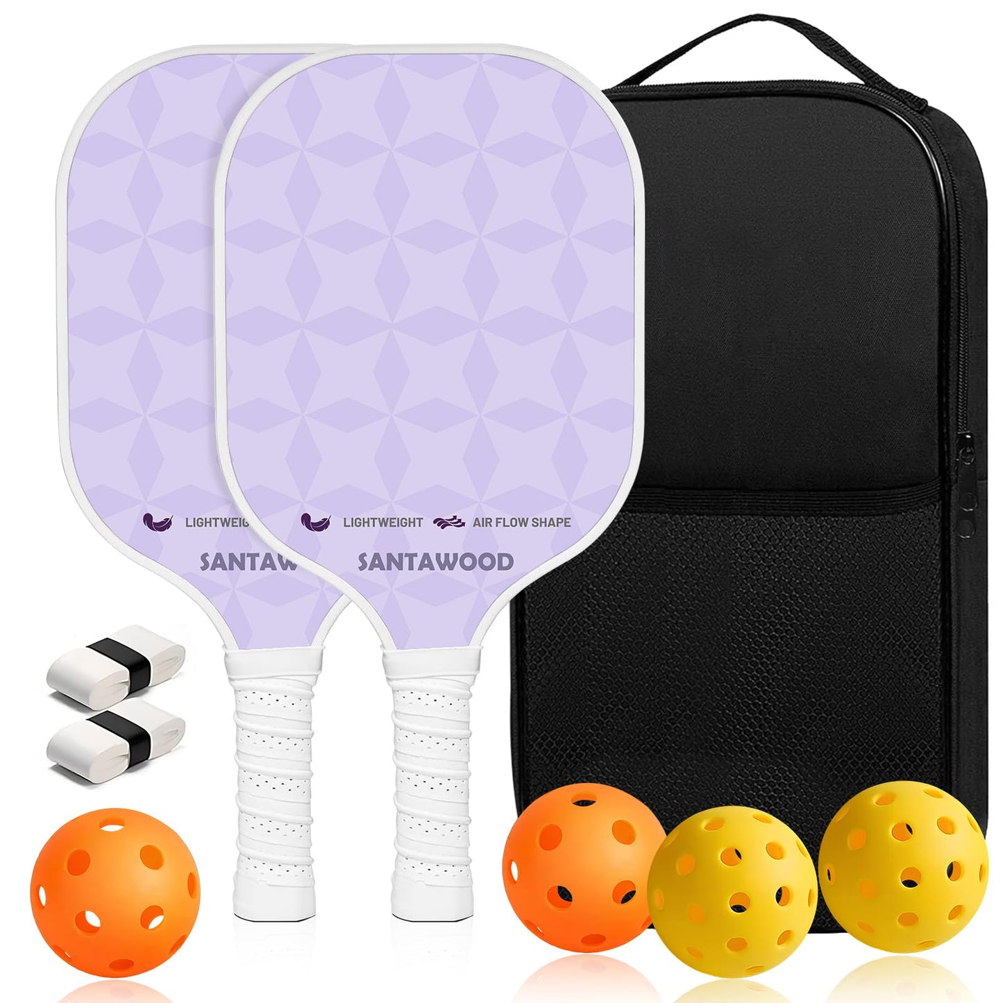 Pickleball Paddles Set of 2, Fiberglass Pickleball Racket, 2 Pickleball Rackets, 4 Balls, 2 Grip and 1 Portable Carry Bag, Aesthetic Pickle Ball Rackets 2 Pack for Men Women Beginners (Purple)