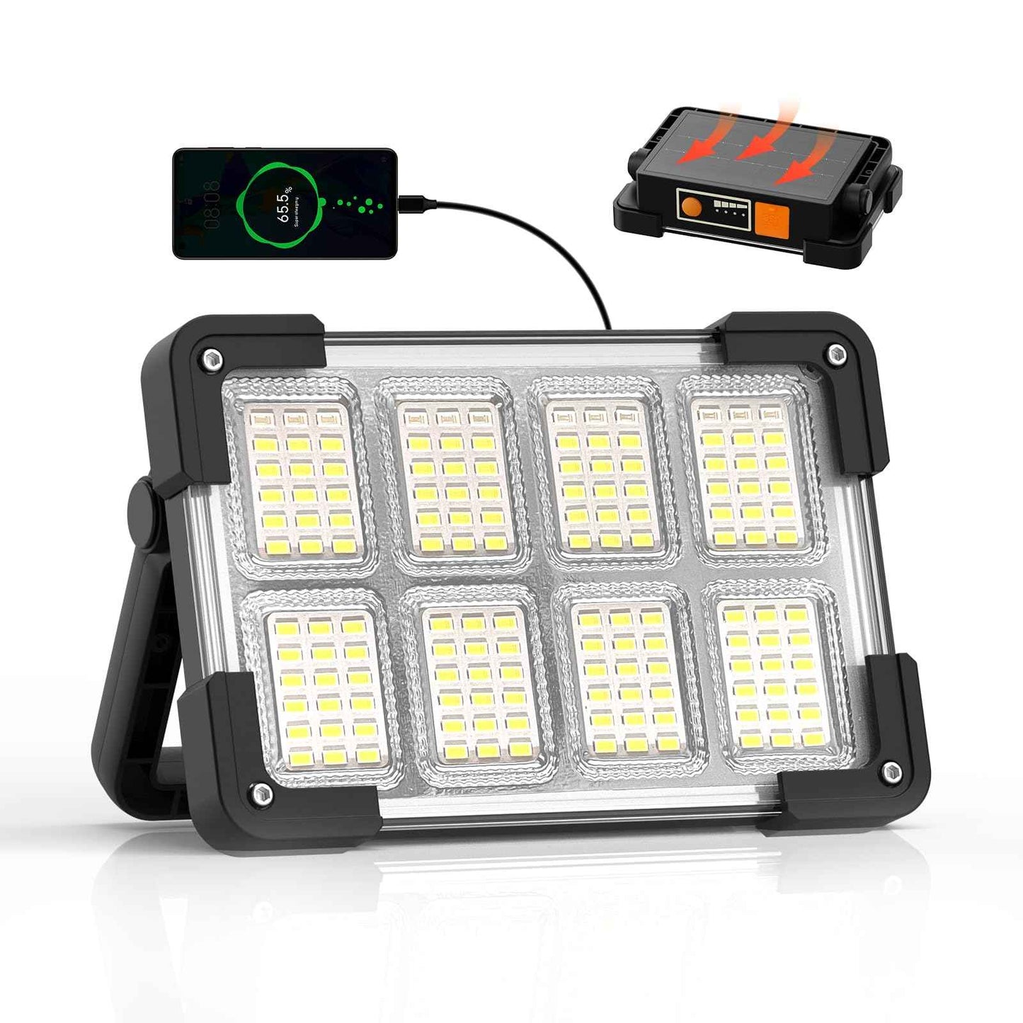 120W Solar Rechargeable Work Light, 144 LED 10000LM Led Work Light with 4 Modes, Portable Flood Light with Stand, IP66 Waterproof Outdoor Working Light for Emergency Mechanic Camping Repair (Black)