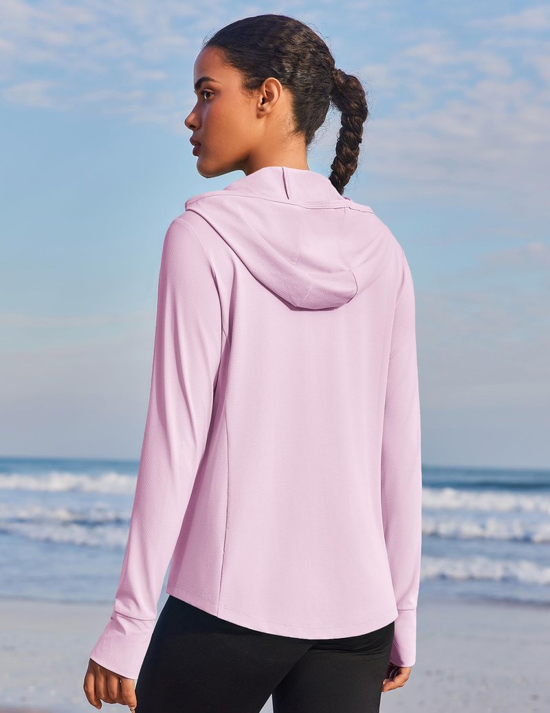 PINSPARK Women's UPF 50+ Sun Protection Jacket Hooded Full Zip Up Lightweight Sports Jackets with Thumb Holes Long Sleeve Gym Tops with Pockets Pink XL
