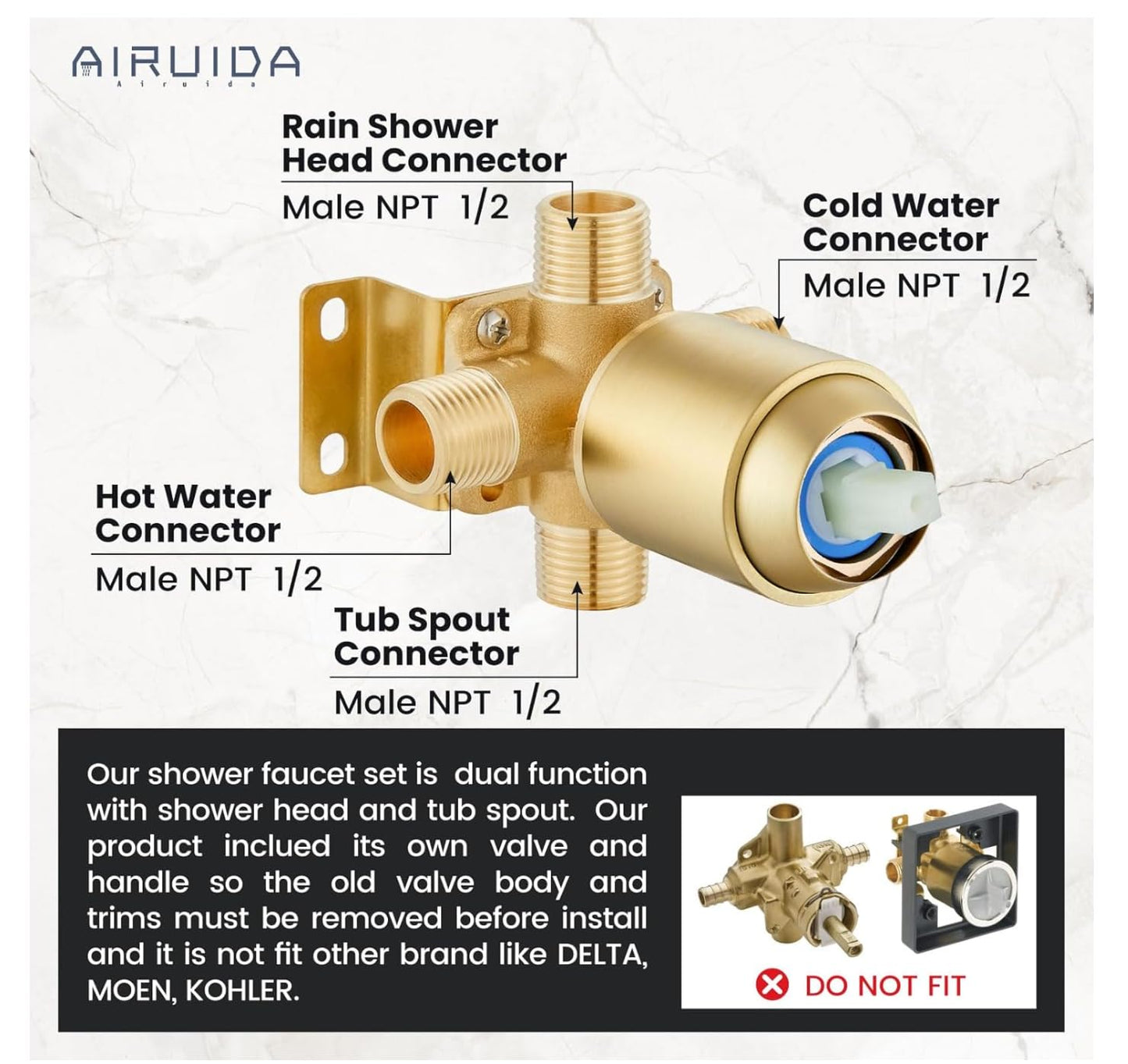 Airuida Bathtub Shower Faucet Set with Tub Spout Faucet Kit and 8 Inch Square Rainfall Showerhead Modern Complete Tub Shower Trim Kit with Solid Brass Rough-in Valve Brushed Gold