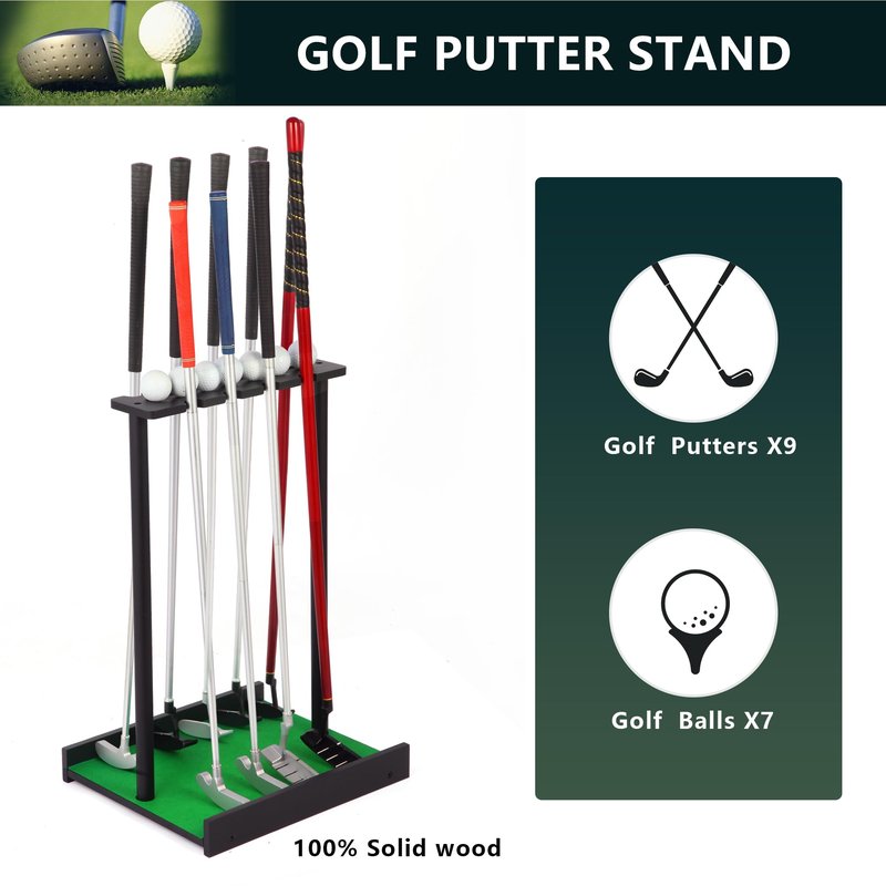 Xnwouco Golf Putter Stand for 9 Clubs & 7 Balls, Solid Wood Golf Club Rack, Golf Club Organizer Floor Stand, Golf Club Holder | Rustic Modern Design for Home, Office, Golf Course Accessories