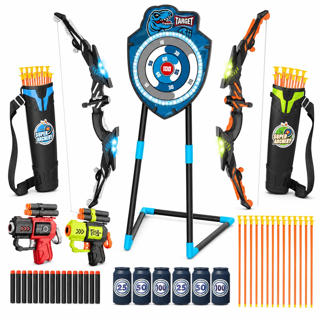 VROGTIK 2 Pack Kids LED Bow and Arrow Set with Standing Target, 20 Suction Cup Arrows, 2 Quivers & Foam Dart Toys, Indoor Outdoor Archery Toy Gift for Boys Girls Ages 3-12