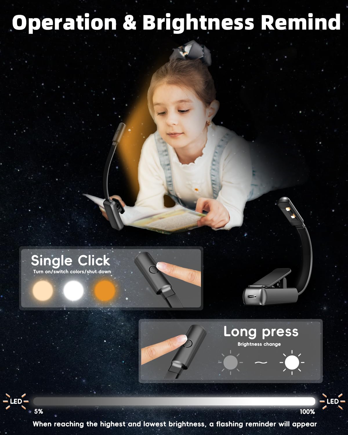 Lucarni Book Light,Reading Lights for Books in Bed,AAA Battery Clip-On Led Reading Light with 3 Colors & Stepless Dimming,Portable and Ultra-Lightweight with Long Runtime(DarkBlack)