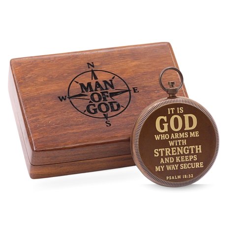 Man of God Compass – Psalm 18:32 Scripture Engraved – Solid Brass Pocket Compass with Rosewood Box – Christian Gift for Men, Son, Husband, Graduation, Travel Keepsake