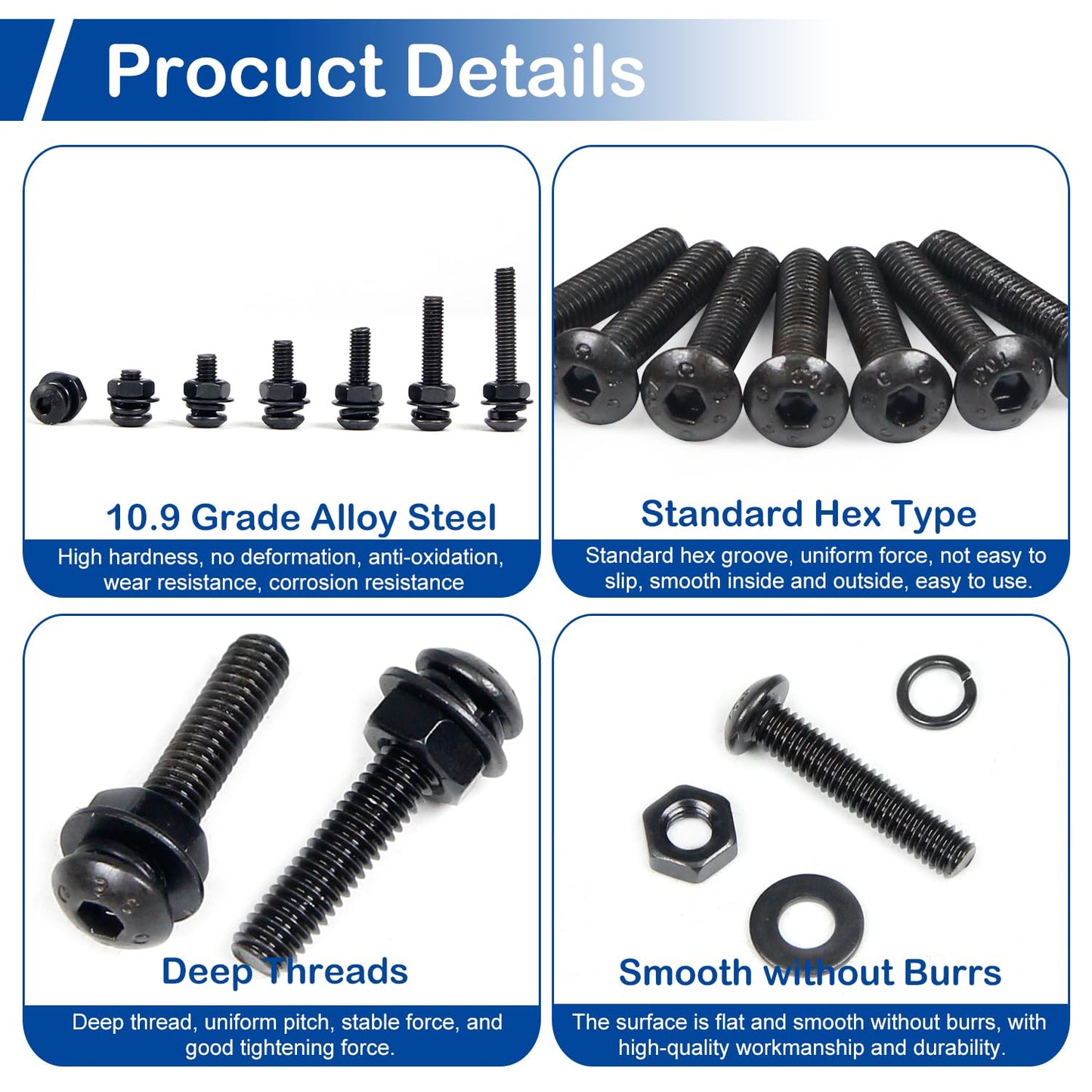 250 Pieces M5 Screws Nuts Washers Set Black, M5 x 6/8/10/12/16/20/25mm Button Head Socket Cap Screws Nuts Washers Assortment Kit, 10.9 Grade Alloy Steel, Fully Threaded