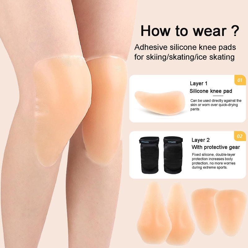 POMAMZ Silicone Knee Pads,Adhesive Knee Brace KneePad for Skiing Skating,Snowboarding,Ateboarding,Roller Skating,Rollerblading,Dancing,Unisex,Skin,M