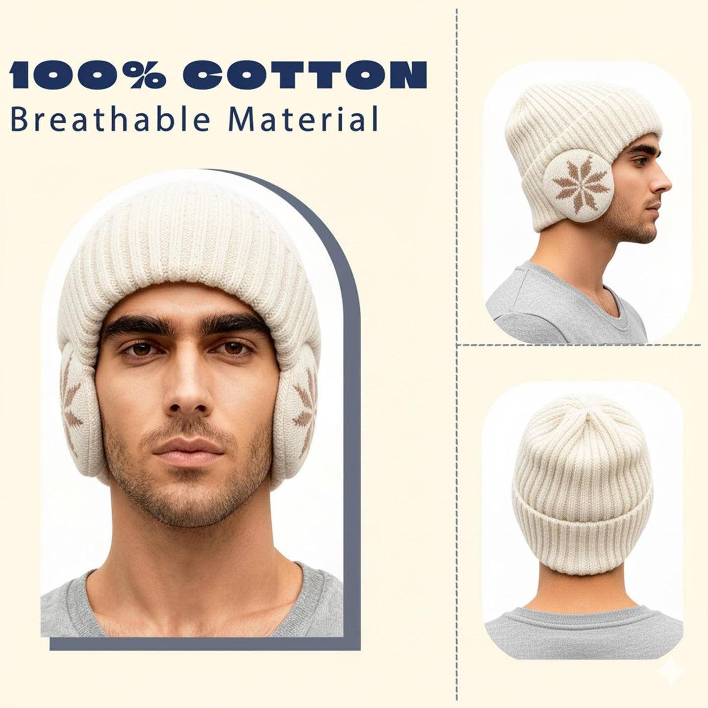 CSONFIT Winter Beanie Fleece Lined for Men Women, Unisex Thermal Knitted Ski Hat with Integrated Ear Hood, Warm Stretchable Skull Cap for Skiing, Snowboarding, Running, Daily Use (Beige)