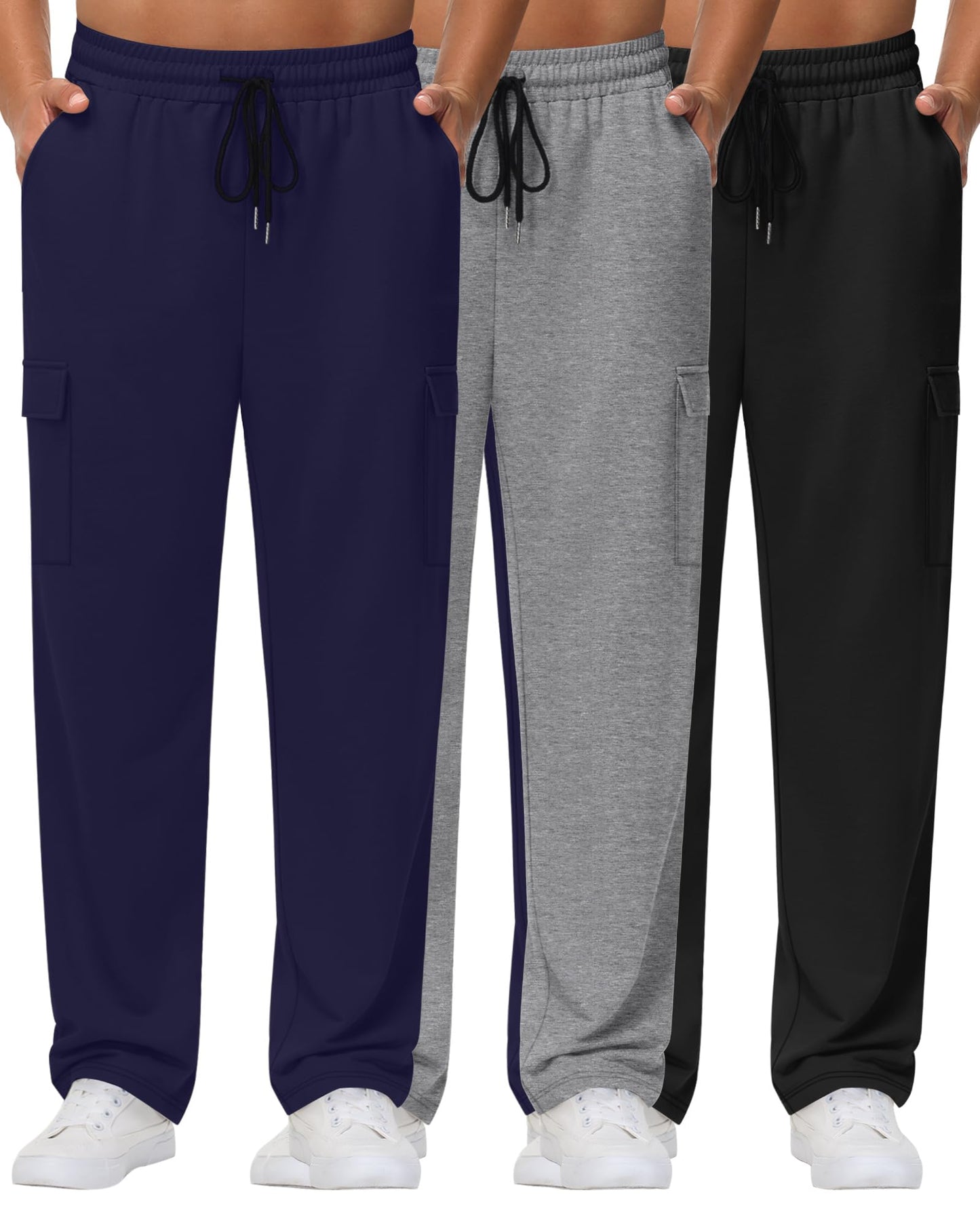 Neer 3 Pack Men's Cargo Sweatpants Baggy Open Bottom Joggers Straight Wide Leg Drawstring Lightweight Pants with Pockets(Black, Navy Blue, Light Mixed Gray,X-Large)