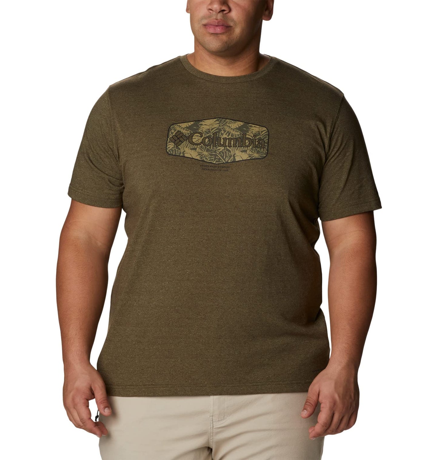 Columbia Men's Thistletown Hills Graphic Short Sleeve, Olive Green Heather/Wanderland Graphic, 4X Tall