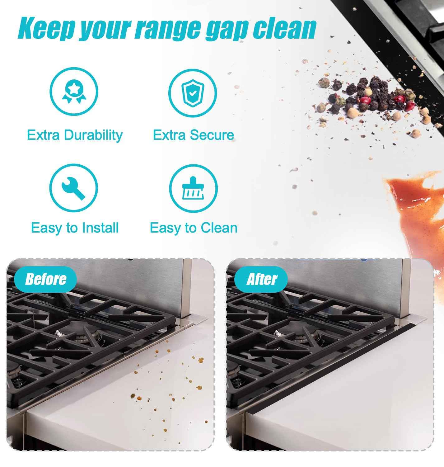 2 Pack Stainless Steel Stove Gap Covers,Stove Gap Filler, Stove Gap Guards, Range Trim Kit, Heat Resistant with Easy Clean, Adjustable Length 13.8” to 27.5”, Width 0.8" (Black)