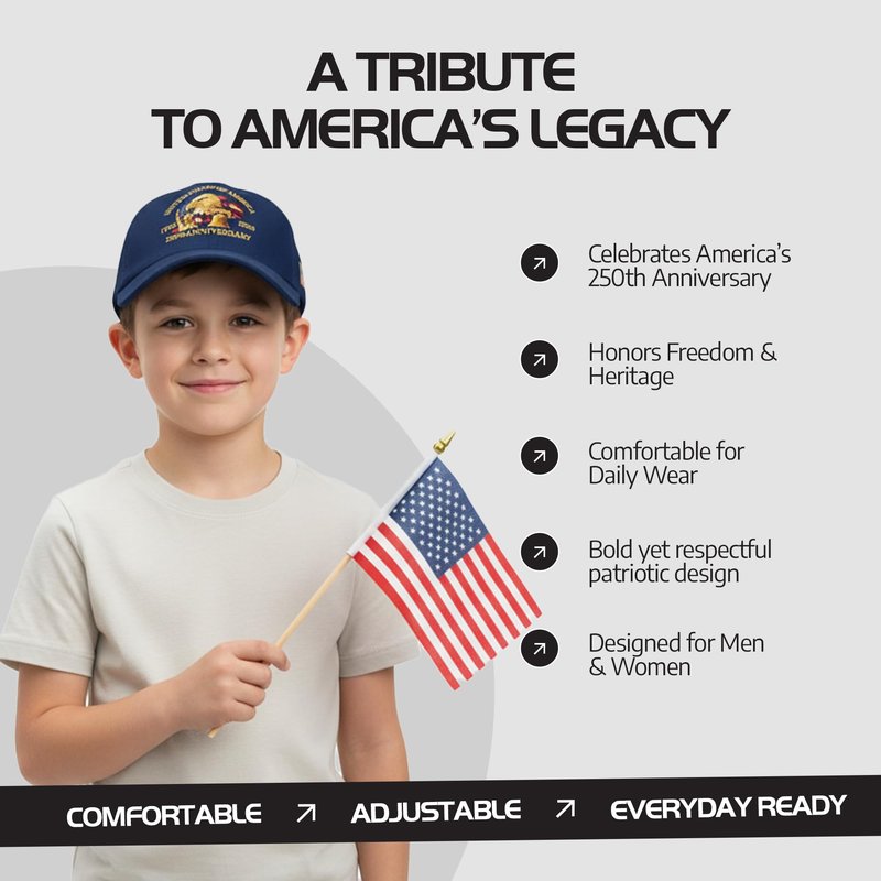 USA 250th Anniversary American Flag Hat – Adjustable Cotton Patriotic Baseball Hat with Eagle & Flag Embroidery - Soft & Comfortable USA Caps for Men & Women (Navy Blue)